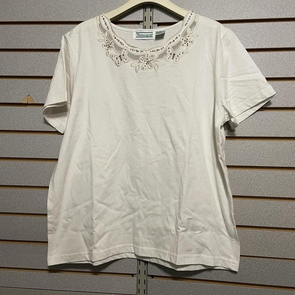 Sag Harbor Cream Embroidered Short Sleeve Tee